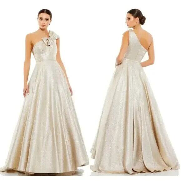 Mac Duggal Gold Metallic Evening Dress Gown Size 6 NWT Gold One Shoulder - Picture 2 of 9